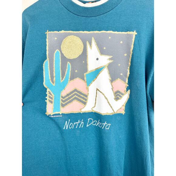 Vintage 90s North Dakota Wolf Cactus Moon Graphic Tee T Shirt Crewneck Top L - Picture 3 of 14